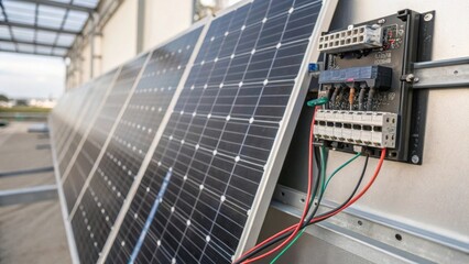 Aufkleber - An intricate closeup of a solarintegrated wall panel highlighting the microconverters and wiring that facilitate energy conversion within the design.