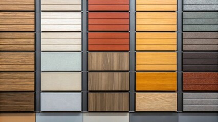 Aufkleber - An overhead medium closeup of various cladding samples laid out in a showroom providing a clear view of different textures colors and finishes available for modern construction.