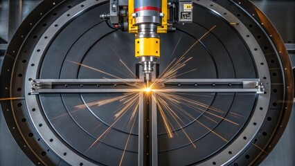 Fototapete - An overhead shot of a welding positioner with a robotic arm performing a precise circular weld capturing the dynamics of motion and precision in steel construction.