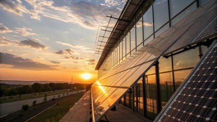 Aufkleber - Artistic shot capturing the interplay of light and shadow on a facade adorned with transparent solar panels during sunset highlighting the panels ability to enhance the buildings
