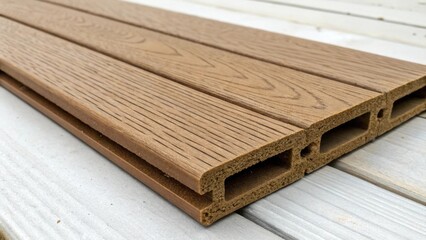 Poster - Closeup of a piece of plastic lumber being emphasizing the resemblance to traditional wooden materials while illustrating the ease of use and versatility of recycled plastics.