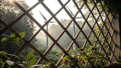 Poster - Closeup of an intricate lattice structure with small embedded turbines capturing wind flow surrounded by greenery and natural light filtering through.