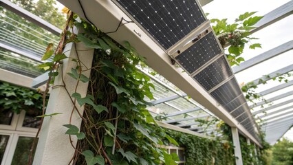 Poster - Closeup of an energyharvesting trellis with climbing plants intertwined around thin photovoltaic strips illustrating the fusion of nature and technology.