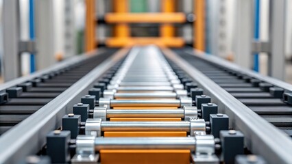 Aufkleber - Closeup of an automated conveyor belt transporting highrise building elements showing the precision engineering that organizes components for assembly.