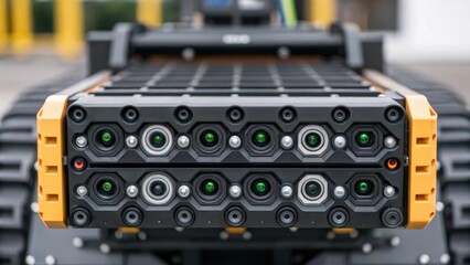 Aufkleber - Closeup of a robotic brickcleaning systems intricate sensor array capturing details of its advanced navigation technology designed to detect uneven surfaces and obstacles.