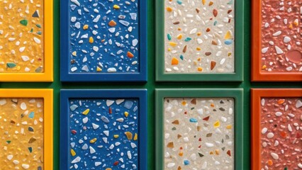 Poster - Closeup of a series of small recycled glass shards embedded within a larger panel illustrating the playful use of texture and color that brings a dynamic quality to the overall