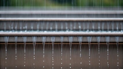 Poster - Closeup of a textured rainscreen in motion with clever drainage systems visibly at work as water trickles off its surface into a collection channel below.