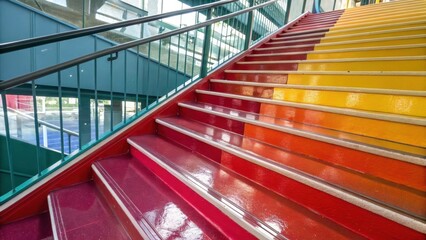 Aufkleber - Closeup of a vibrantcolored prefabricated staircase emphasizing the bold finish and glossy surface with light reflections creating a dynamic visual effect.