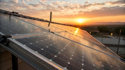 Fototapete - Closeup of a transparent solar panels surface during sunset capturing the warm hues and the way the panel glows with ambient light while still being functional.