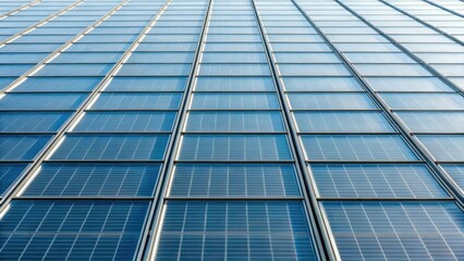 Aufkleber - Closeup of translucent solar panels embedded in an office buildings glass faÃ§ade allowing natural light to filter through while generating energy.