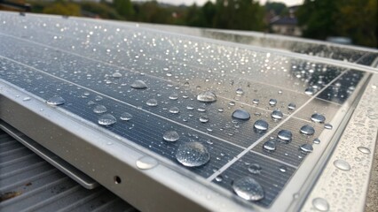 Aufkleber - Closeup of water droplets on a transparent solar panel emphasizing its surface texture and hydrophobic properties enhancing both aesthetics and performance.