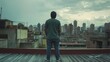 © Epic Photo - Migrant Worker's Cityscape View - A Latin American migrant worker contemplates an urban landscape, symbolizing hope, resilience, dreams, struggle, and opportunity