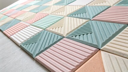 Poster - Detailed view of a modular acoustic panel system displaying interlocking pieces in various pastel shades allowing for customizable arrangement and sound control.