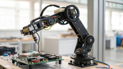 Fototapete - Detailed shot of the smart cranes robotic arm showcasing intricate gears and circuitry as it exees precise movements under remote control.
