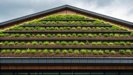 Poster - Detailed shot of an innovative roof design with integrated rain gardens featuring layers of soil and plants filtering stormwater while contributing to the buildings energy