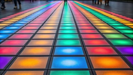 Poster - Detailed view of kinetic energy tiles embedded in a pedestrian walkway where footsteps are transformed into electricity highlighted by the vibrant colors beneath the surface.