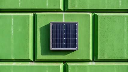 Aufkleber - Energy Efficiency A closeup of a green concrete wall with an attached solar panel illustrating the integration of renewable energy solutions in lowcarbon building practices.