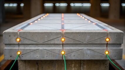 Aufkleber - Medium closeup of a concrete structure being monitored with embedded sensors illuminated by soft lighting showcasing a network of leads connecting to different areas of the slab.
