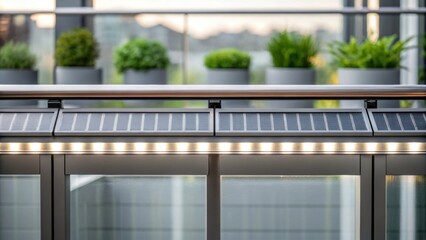 Poster - Medium closeup of a modern balcony setting highlighting a row of transparent solar panels along the railing their surface capturing sunlight to power outdoor lights with potted
