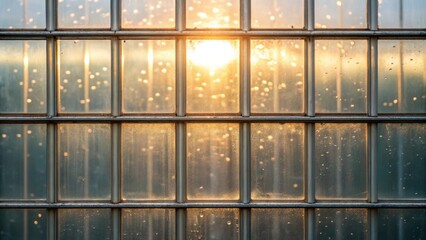 Aufkleber - Medium closeup of a recycled glass facade where sunlight spills through the transparent layers creating an ethereal glow that highlights the textural variations and subtle bubbles