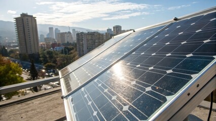Aufkleber - Medium closeup of a sunlit transparent solar panel with the surrounding urban landscape reflected in its surface demonstrating the dual functionality of energy generation and
