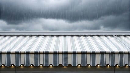 Aufkleber - Medium closeup of a system of retractable awnings stacked neatly along the edge of a building partially unfurling in response to sudden downpours glistening with moisture.
