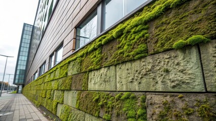 Poster - Medium closeup of a textured facade made of biobased materials with moss and algae deliberately cultivated to promote selfcleaning through biological interactions with the