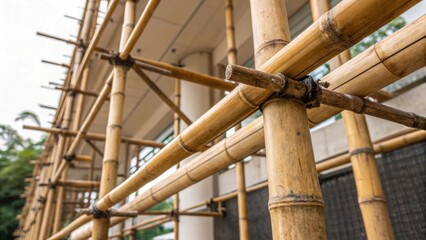 Aufkleber - Medium closeup of bamboo scaffolding highlighting the smooth surface and natural coloring of the bamboo symbolizing sustainable construction practices.