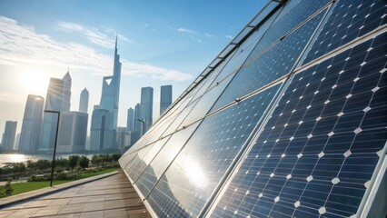 Aufkleber - Medium closeup of vertical solar panels integrated into a sleek glass building highlighting the smooth transition from panel to glass and the vibrant city skyline in the