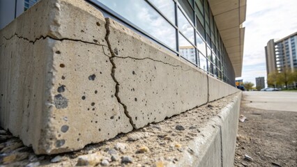 Aufkleber - Medium closeup showcasing a selfrepairing concrete facade with visible microcapsules embedded within the surface indicating the presence of healing agents that have oozed out to