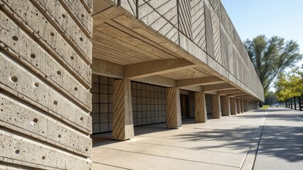 Poster - Textured concrete panels featuring deep grooves and cantilevers creating unique shadows that help regulate solar exposure while adding visual interest to the structure.
