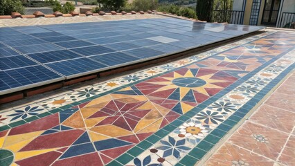 Poster - Vibrant tiled surface with a geometric pattern designed to channel sunlight while reducing the thermal load showcasing a striking blend of art and functionality.