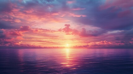 Wall Mural - Serene Sunset Over Calm Ocean - A breathtaking sunset over a tranquil ocean, showcasing vibrant pink, orange, and purple hues in the sky and water