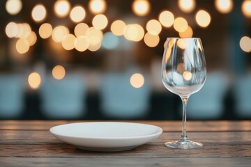 Poster - Empty plate and wine glass set on wooden table in candlelit restaurant ambiance