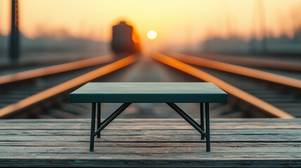 Leinwandbilder - Minimalist metal table displayed on wooden platform with approaching vintage locomotive at sunset