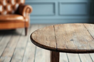 Poster - Empty round wooden table in blurred victorian interior design
