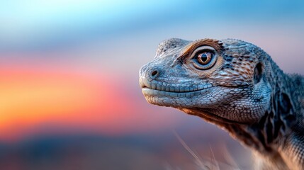 Naklejka na meble A striking close-up of a lizard capturing its detailed features against a vibrant sunset sky, emphasizing the beauty of nature and wildlife in an artistic manner.