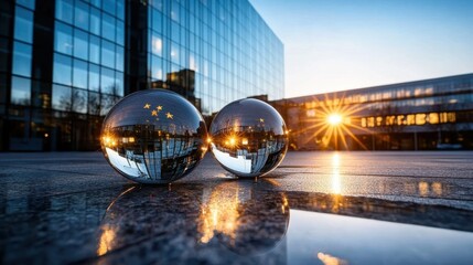 Poster - Two shiny glass spheres reflecting the sunset and cityscape, showcasing the interplay of light, architecture, and natural beauty in a modern urban setting.
