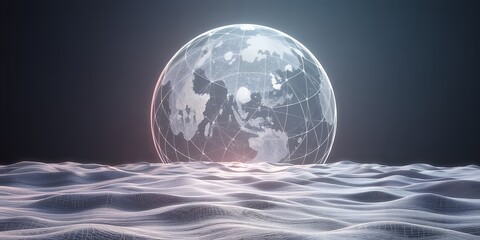 Poster - a digital globe with visible continents over a wavy digital surface against a dark background