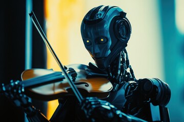 Poster - Robot playing violin in a futuristic setting with bright lighting