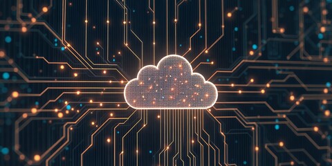 Poster - A glowing cloud icon surrounded by circuit board lines and dots on a dark background design