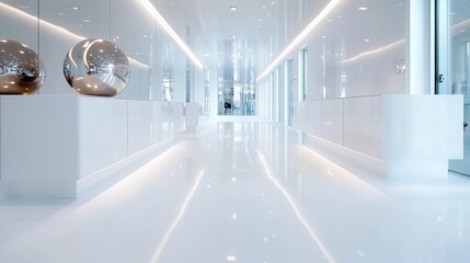 Poster - An elegant contemporary hallway showcasing reflective decor, bright surfaces, and stylish accents, creating an inspiring atmosphere for modern architecture and design.