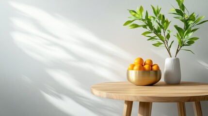 Poster - A minimalist tabletop arrangement featuring a bowl of fresh oranges and a decorative branch, highlighting elegance and simplicity with soft shadows enhancing the aesthetics.
