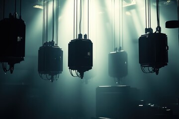 Poster - Intricate machinery suspended in a dimly lit industrial space with dramatic lighting