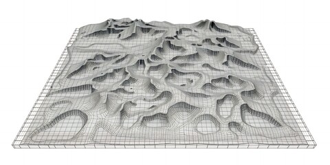Poster - Topographic model of a landscape with grid lines showing elevation changes and terrain features