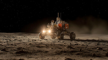 Wall Mural - Lunar Rover Exploring Dusty Moon Surface At Night
