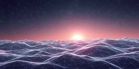 Poster - digital landscape with stylized waves under a sunset and a starry sky in a low poly style