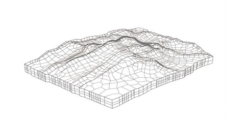 Poster - a wireframe model showing a mountainous landscape with a river running through the valleys