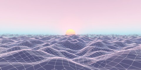 Poster - a wireframe ocean with a pastel sunset in the background creating a surreal atmosphere