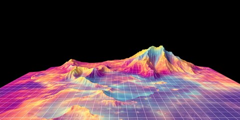 Poster - abstract landscape with mountains and grid overlay in vibrant colors against a black background